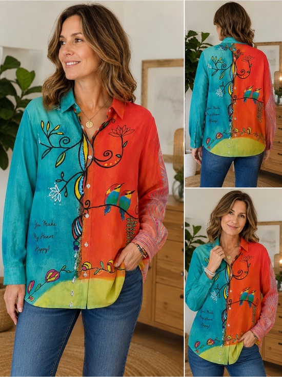 Tops - Colorful Wearable Art Bird & Floral Button Front Blouse Size L Boho Art Shirt